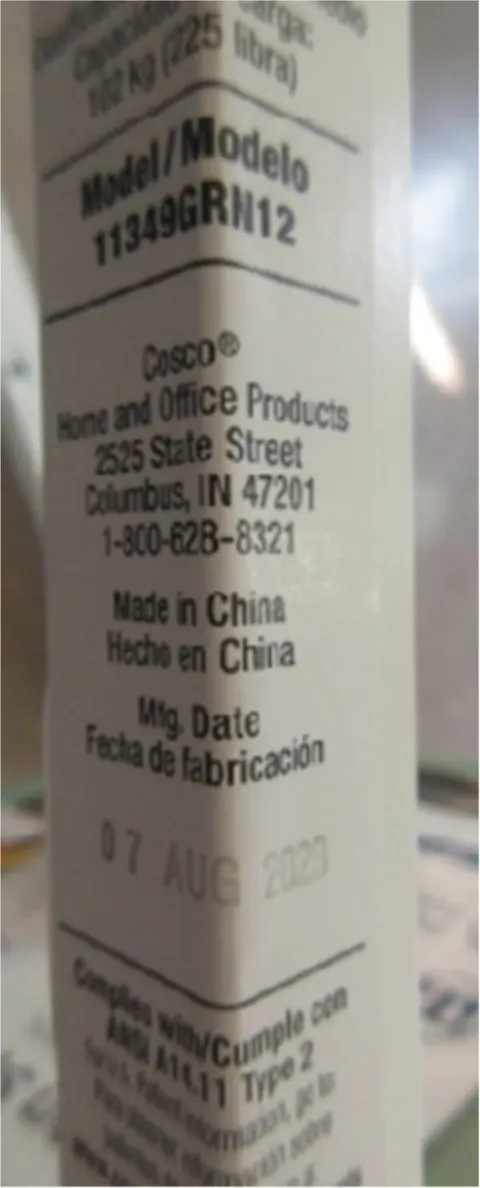Model information located on label on arm of recalled Cosco 2-step kitchen stepper
