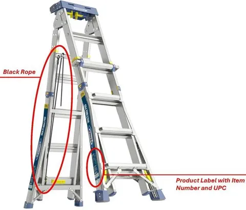 Recalled Werner 20’ and 24’ Multi-Max Pro Multi-Purpose Ladder with location of product label and attached black rope