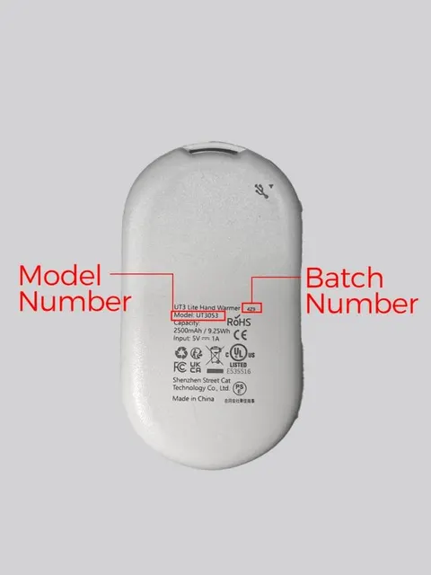The model and three-digit batch number are printed on the OCOOPA Rechargeable Hand Warmers' underside
